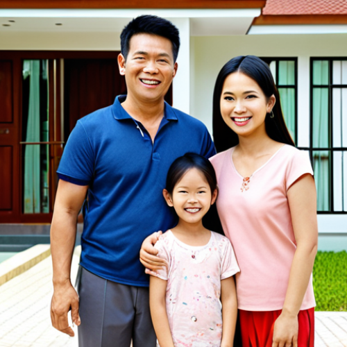 **Financial Security Planning:** A Thai family (parents and 2 children) smiling confidently, standing in front of a modern house. In the background, a stylized graphic represents savings and investment growth. The overall mood is bright and optimistic, suggesting a secure future thanks to careful financial planning and insurance. Keywords: Thai family, financial planning, insurance, homeownership, happy future.
