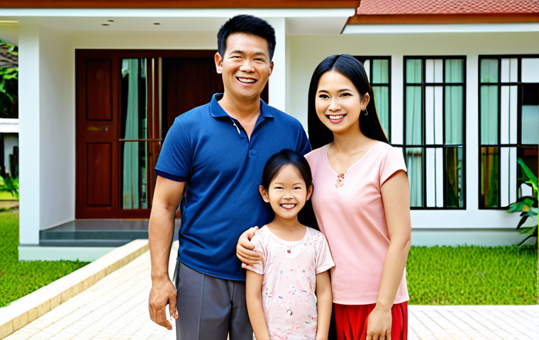 **Financial Security Planning:** A Thai family (parents and 2 children) smiling confidently, standing in front of a modern house. In the background, a stylized graphic represents savings and investment growth. The overall mood is bright and optimistic, suggesting a secure future thanks to careful financial planning and insurance. Keywords: Thai family, financial planning, insurance, homeownership, happy future.