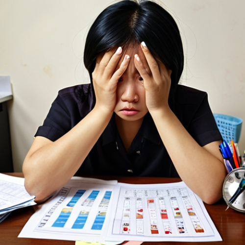 **

Prompt: Working Thai person looking stressed at their desk, surrounded by papers, with a digital calendar displaying different life stages (student, marriage, retirement). The scene has a modern, slightly frantic feel. Focus on conveying the pressure of changing life risks.

**