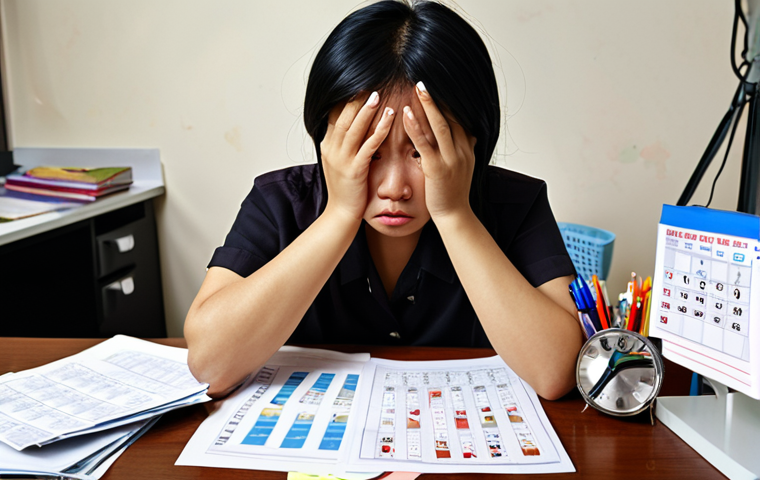 **

Prompt: Working Thai person looking stressed at their desk, surrounded by papers, with a digital calendar displaying different life stages (student, marriage, retirement). The scene has a modern, slightly frantic feel. Focus on conveying the pressure of changing life risks.

**