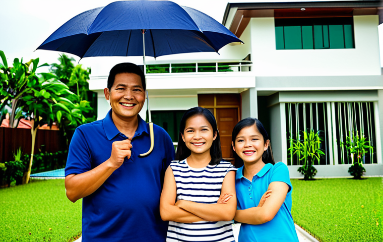 Family Security**

A cheerful Thai family (father, mother, and two children) are smiling in front of their modern, single-family home in Bangkok. The father is holding a symbolic umbrella over the family. The scene conveys a feeling of protection and financial security. The family is fully clothed in modest, everyday attire. Background features lush greenery and a serene atmosphere. safe for work, appropriate content, fully clothed, family-friendly, perfect anatomy, natural proportions, professional photography, high quality.

**
