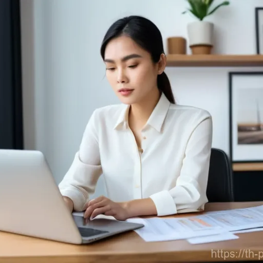 보험 상품의 변동성과 포트폴리오 조정 - "A thoughtful young Thai woman, in her early 30s, sits comfortably at a modern wooden desk in a well...