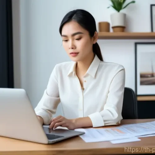 보험 상품의 변동성과 포트폴리오 조정 - "A thoughtful young Thai woman, in her early 30s, sits comfortably at a modern wooden desk in a well...