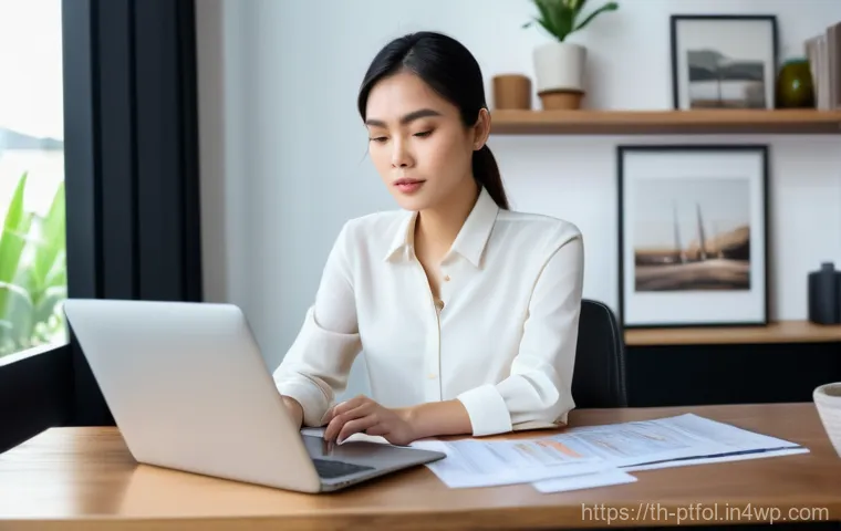 보험 상품의 변동성과 포트폴리오 조정 - "A thoughtful young Thai woman, in her early 30s, sits comfortably at a modern wooden desk in a well...