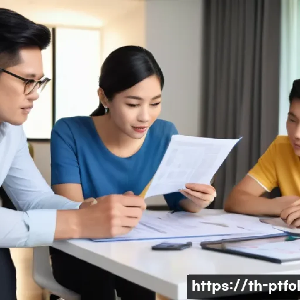 보험 상품의 선택 기준과 최적화 방안 - A professional Thai family sitting at a modern home office desk, thoughtfully reviewing insurance do...