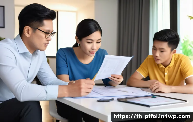 보험 상품의 선택 기준과 최적화 방안 - A professional Thai family sitting at a modern home office desk, thoughtfully reviewing insurance do...