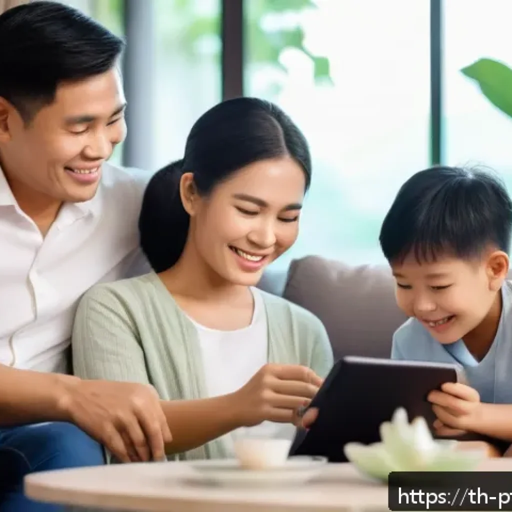 보험 포트폴리오 최적화를 위한 주요 팁 - A modern Thai family of four smiling together in a cozy living room setting, with parents thoughtful...