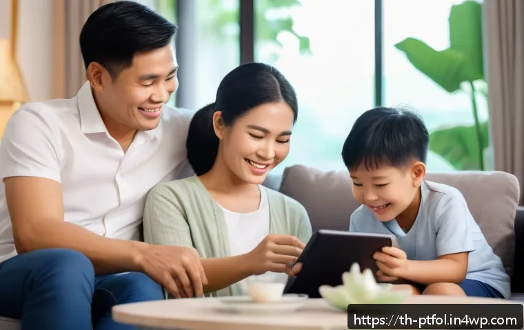 보험 포트폴리오 최적화를 위한 주요 팁 - A modern Thai family of four smiling together in a cozy living room setting, with parents thoughtful...