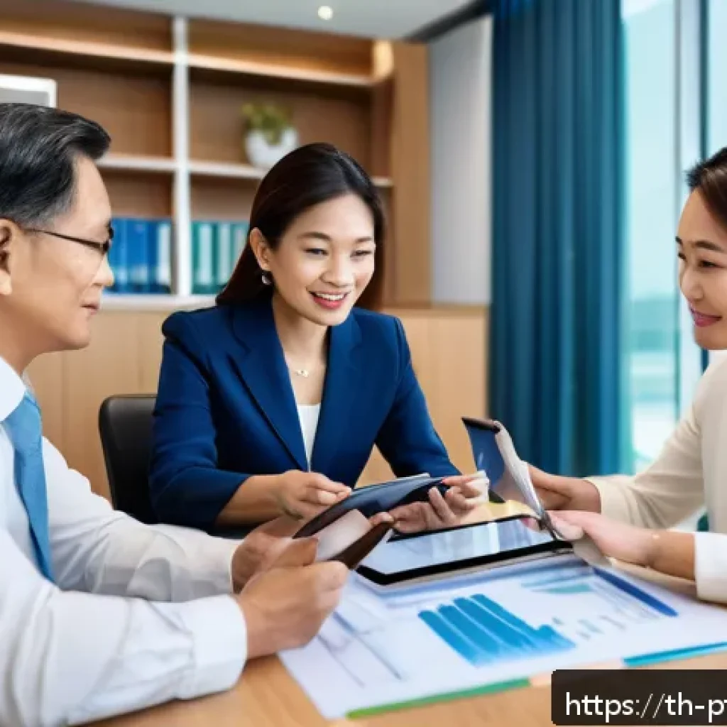 보험 포트폴리오 분석에 필요한 기본 지식 - A professional financial advisor consulting with a middle-aged Thai couple in a modern office settin...
