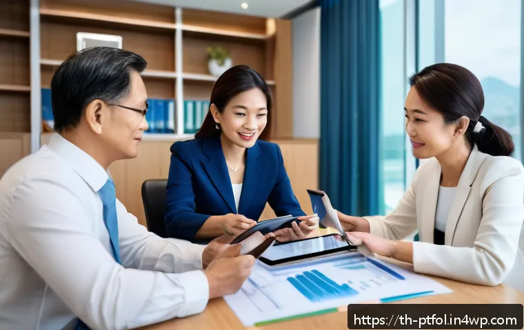 보험 포트폴리오 분석에 필요한 기본 지식 - A professional financial advisor consulting with a middle-aged Thai couple in a modern office settin...