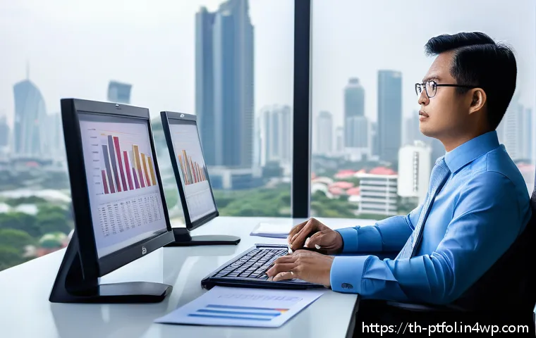 보험 포트폴리오의 성공적인 관리 사례 분석 - A professional Thai financial advisor in a modern office setting, analyzing detailed insurance portf...