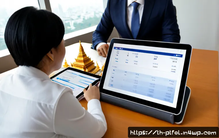 Home 17 보험 포트폴리오 최적화의 최신 트렌드 - Photorealistic Thai financial advisor in a modern Bangkok office guiding a middle-aged Thai couple t...
