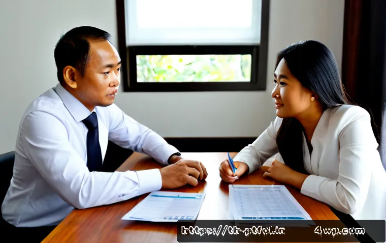 Home 17 보험 상품 리스크 평가 방법 - Photorealistic Thai insurance advisor and middle-aged couple reviewing insurance risk options at a c...